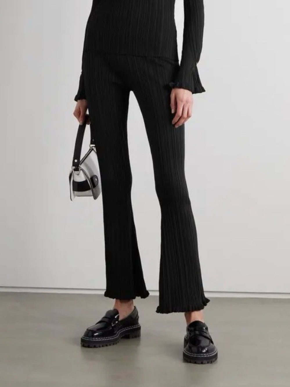 Holzweiler Dahlia Black Ribbed Knit Flare Pants Ruffle Hem Trousers XS Bootcut